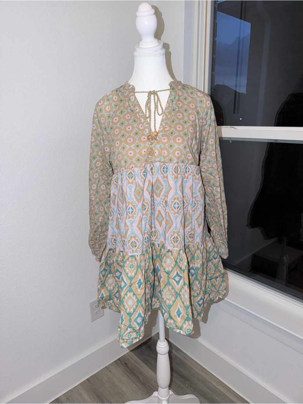 Jessica Simpson Green Cream Patterned Boho Tunic Dress